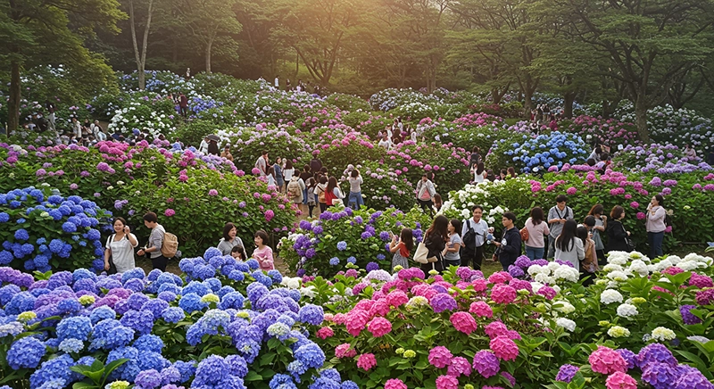 수국 축제가 열리는 솔향수목원의 화려한 꽃밭