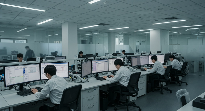 한국의 첨단 기술 연구실에서 삼성 HBM3E 메모리를 활용한 AI 칩 개발에 매진하는 모습