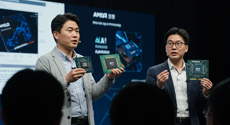 기술 회의실에서 AMD의 두 가지 주요 AI 칩 제품을 발표하는 한국 엔지니어들