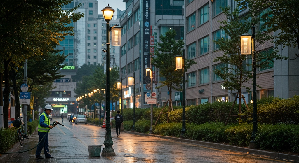 물 호스와 유인등 트랩을 사용하여 친환경적으로 러브버그를 관리하는 서울시의 모습