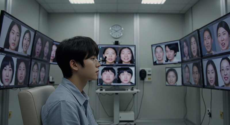 현대인이 실험실에서 여러 화면을 통해 맥거크 효과를 체험하는 모습