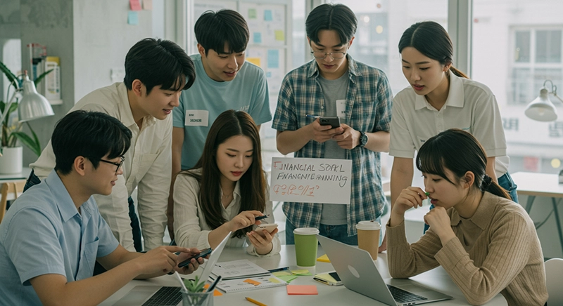 현대적인 공동 작업 공간에서 스마트폰과 노트북을 사용하여 금융 계획을 논의하는 젊은이들