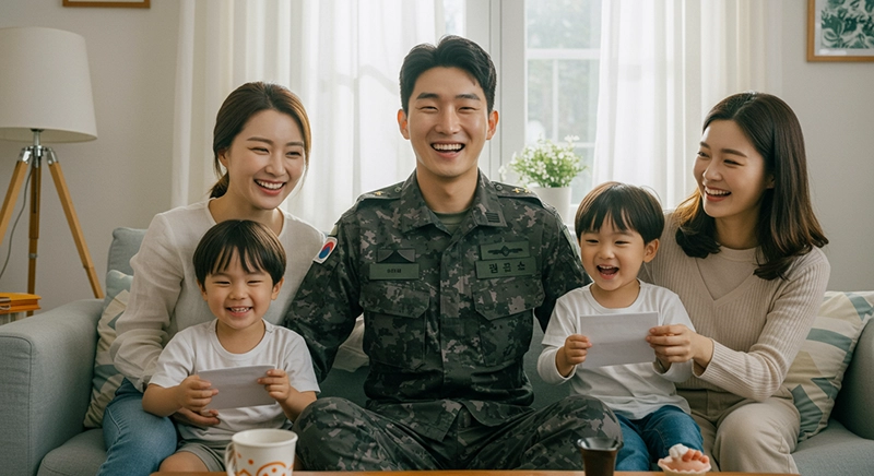 재정 정책 혜택을 받으며 가족과 함께 웃고 있는 군 장병 및 육아휴직자들